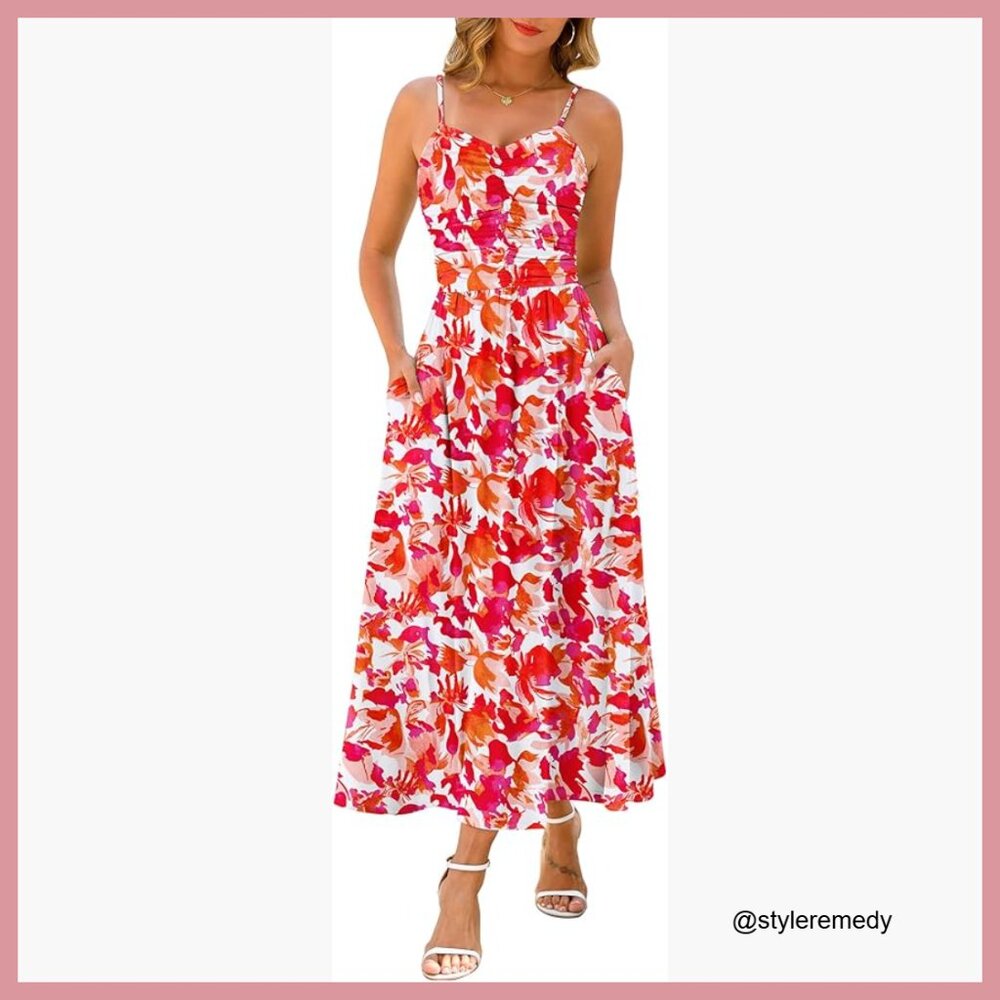 Adjustable Spaghetti Strap Ruched Maxi Dress with… - image 1